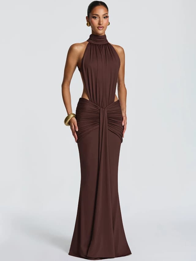 Robe longue sexy à col roulé et dos nu Mozision pour femmes, robe élégante sans manches à épaules dénudées, robe moulante plissée pour soirée en club