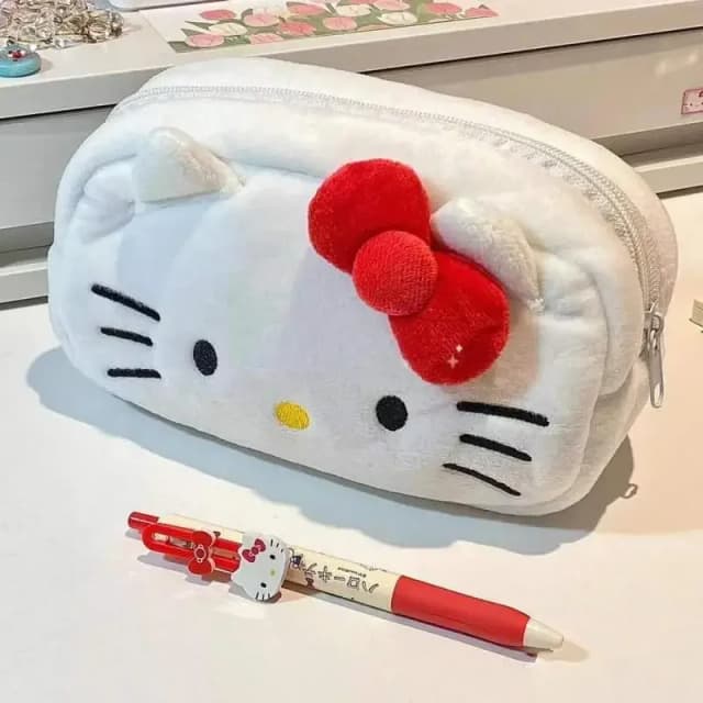 Trousse à crayons en peluche Hello Kitty pour étudiants, sac de rangement de grande capacité, sac de rangement de maquillage Kawaii mignon pour filles, cadeaux de fête