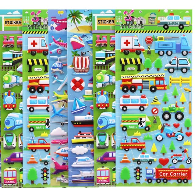 Autocollant bulle 3D imperméable, 6 feuilles, pour voiture, camion, avion, trafic, dessin animé, pour fille et garçon, jouets éducatifs amusants pour enfants