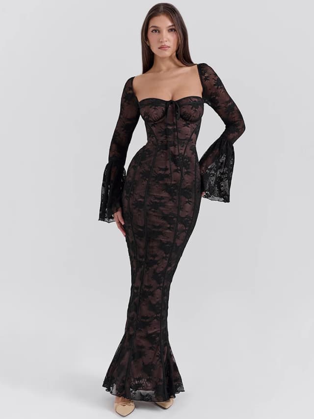 Mozision dentelle imprimé manches longues évasées Sexy robe Maxi pour les femmes mode col carré dos nu moulante Club fête robe Sexy