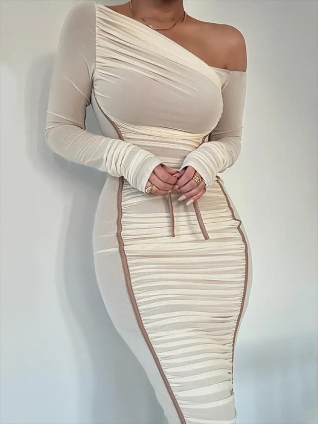 Mozision col diagonale à manches longues robe mi-longue pour les femmes deux couches maille dos nu froncé moulante Club fête Sexy robe longue