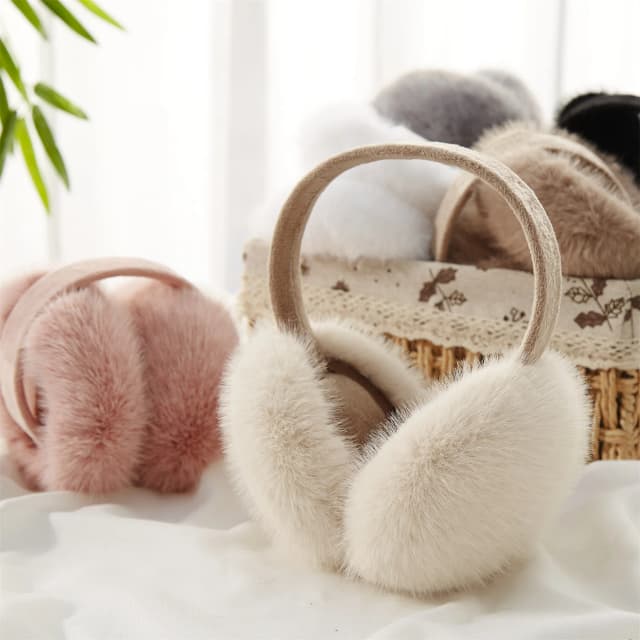 Cache-oreilles beiges innovants pliables, Imitation fourrure de lapin, peluche, sac d'oreille chaud pour femme, pour meilleurs amis, cadeaux de noël