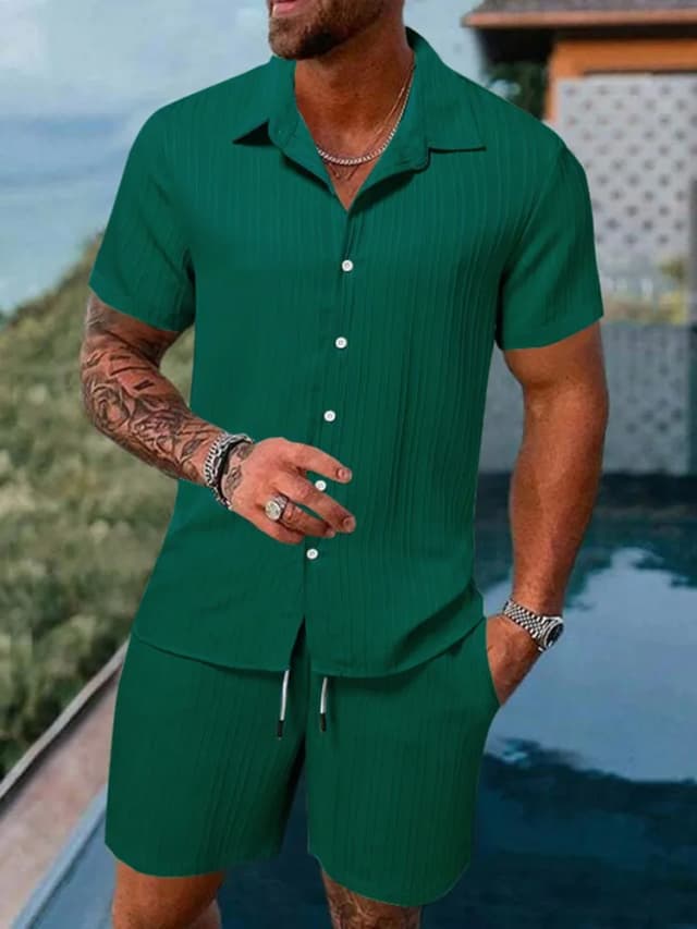 Polo de sport décontracté pour hommes, couleur unie, ample, manches courtes, Short avec cordon de serrage, Cardigan rayé, costume de sport, nouvelle collection printemps et été