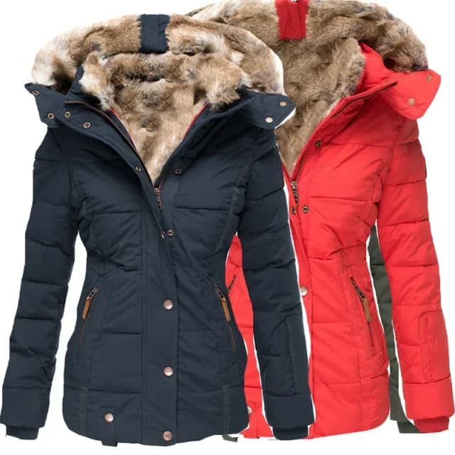Manteau d'hiver chaud en coton à col en laine pour femme, fermeture éclair, manches longues, coupe cintrée, manteau en coton à capuche