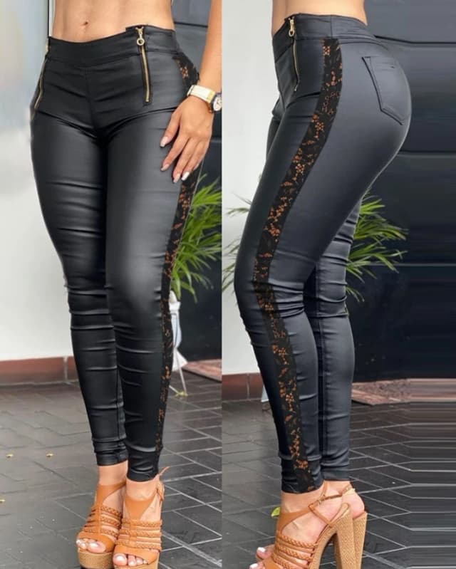 Pantalons en cuir PU pour femmes, mode automne 2022, Patch en dentelle au Crochet, fermeture éclair, taille haute, slim, longs