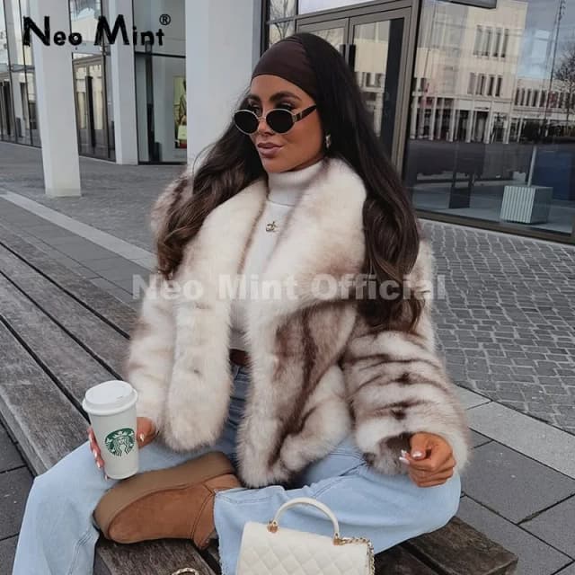 Neo Mint 2025 hiver exclusif rayé fausse fourrure veste femmes pardessus marque blogueur mode moelleux renard fourrure col manteau vêtements d'extérieur