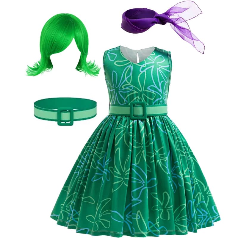 Ensemble de tenue mignonne et amusante pour fille avec jupe trapèze à motif floral sans manches, ceinture, écharpe et perruque, adapté au costume d'Halloween