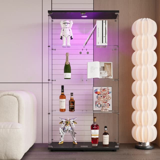 Vitrine en verre à 4 niveaux Rosahqnda, vitrine en verre avec éclairage et serrure, pour entrée, salon, chambre à coucher, noir/blanc