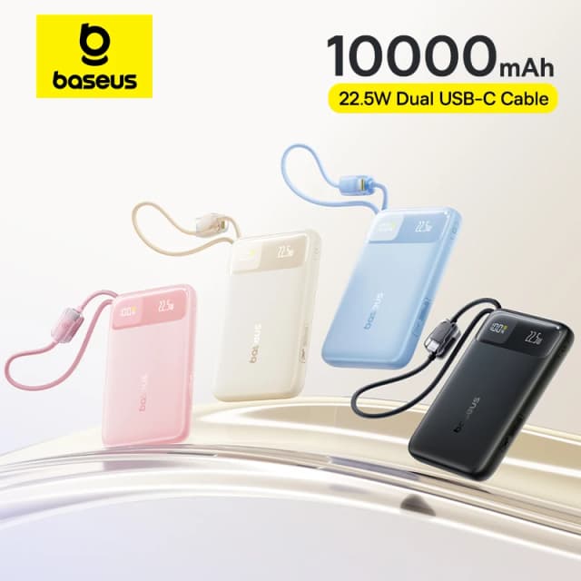 Baseus 10000mAh batterie externe 22.5W intégré double USB-C câble plus mince charge rapide pour iPhone 17 Pro Max Samsung S25 Xiaomi Poco