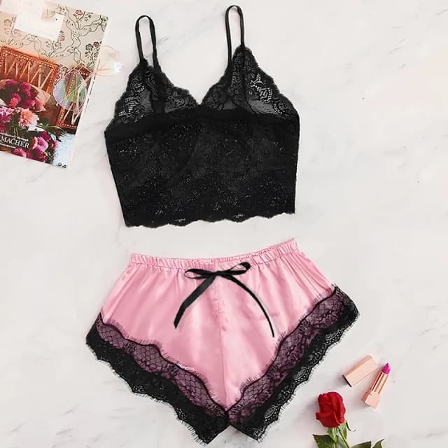 Pyjama Sexy en Dentelle Transparente pour Femme, Noir, Rose, Vêtements Mignons, Confortable, Respirant, Ensemble Short à Bretelles, Nouvelle Collection Été 2025, 2 Pièces