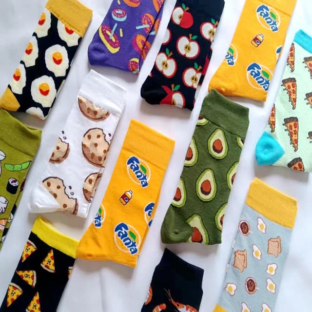 Chaussettes en coton pour hommes et femmes, Harajuku, dessin animé, nourriture, fruits, créatif, drôle, tarte aux œufs, avocat, belle robe de pied