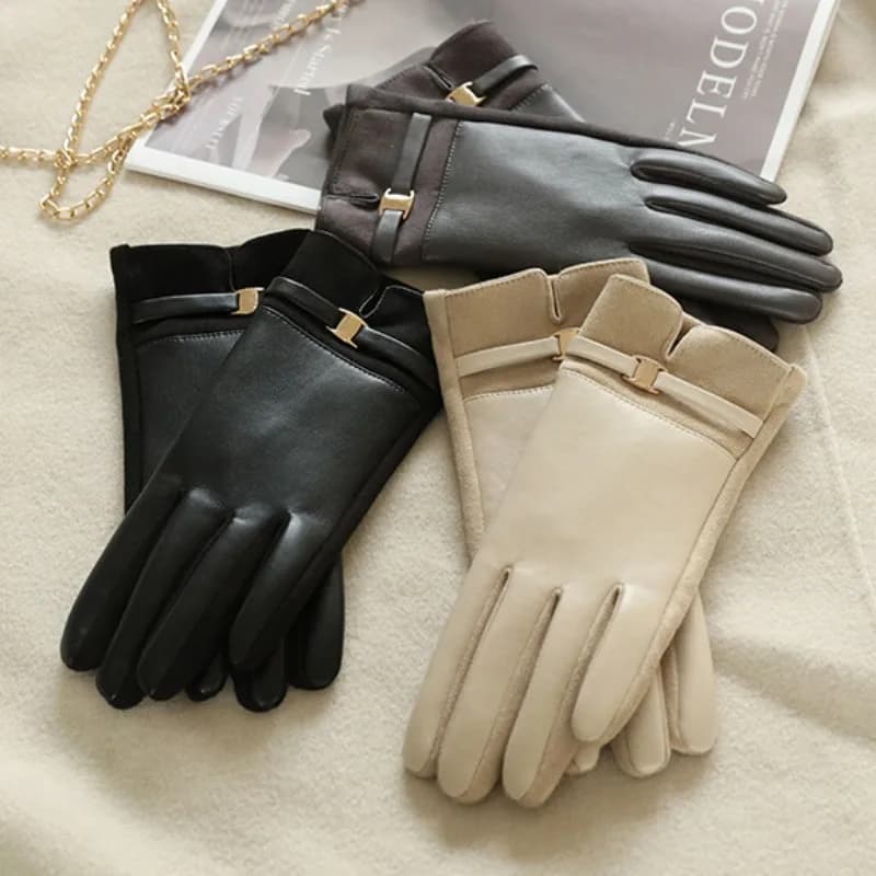 Gants d'hiver en daim et cuir pour femmes, garde au chaud pour écran tactile, gants élégants à la mode, Style Business, boucle en métal légèrement imperméable