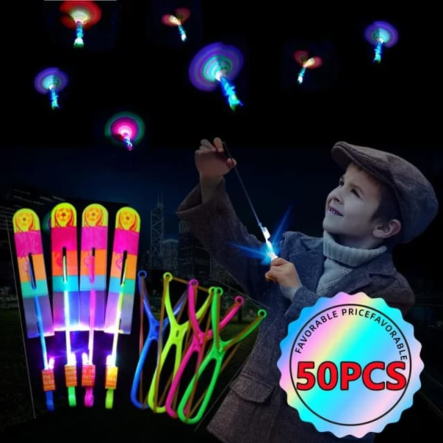 Nouveau 50/30/10/5/1Pc jouet lumineux incroyable flèche fusée hélicoptère volant lumière LED jouets fête amusant meilleurs cadeaux élastique catapulte