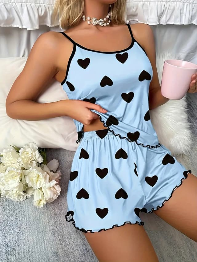 Nouvel ensemble de vêtements de nuit pour femmes avec bretelles imprimées en forme de coeur bleu, vêtements de nuit décontractés élastiques et confortables, vêtements de maison pour toutes les saisons