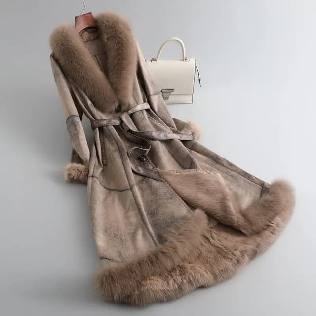 Manteau long en cuir véritable pour femme, fourrure de lapin intégrée, fourrure de renard, col en fourrure, coupe couvertes, hiver, nouveau, 2023