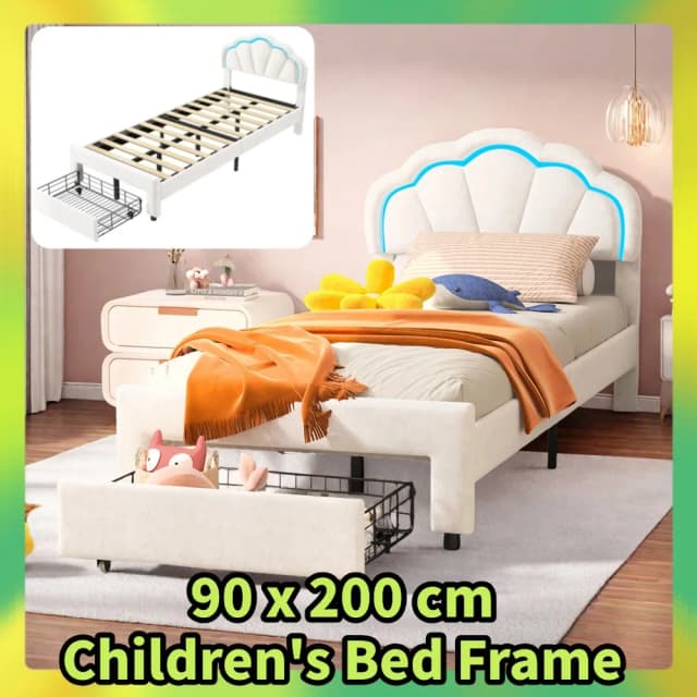 Comanlai-Lit pour enfant 90x200cm, avec planche de sauna en forme de fleur, lit simple avec lumières LED et wers de proximité, tissu velours