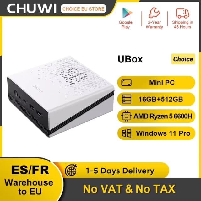 CHUWI UBox Mini PC AMD Ryzen 5 6600H 16GB DDR5 512GB SSD Windows 11 Pro 4K 144Hz décording WiFi 6 BT 5.2 étendre M.2 1T * 2 650g