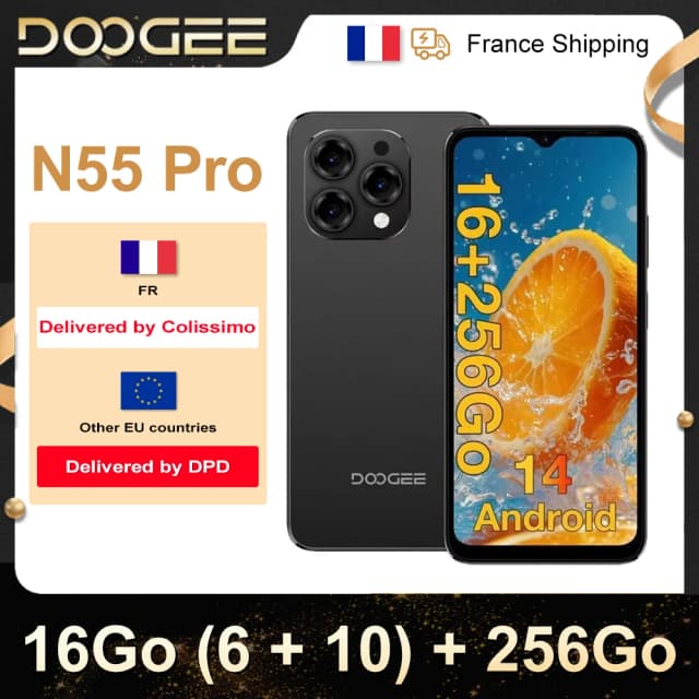 DOOGEE-Smartphone N55 Pro, 6.56 pouces, 90Hz, IPS, 6 Go de RAM, 256 Go, batterie 5150mAh, Android 14, déverrouillage par reconna