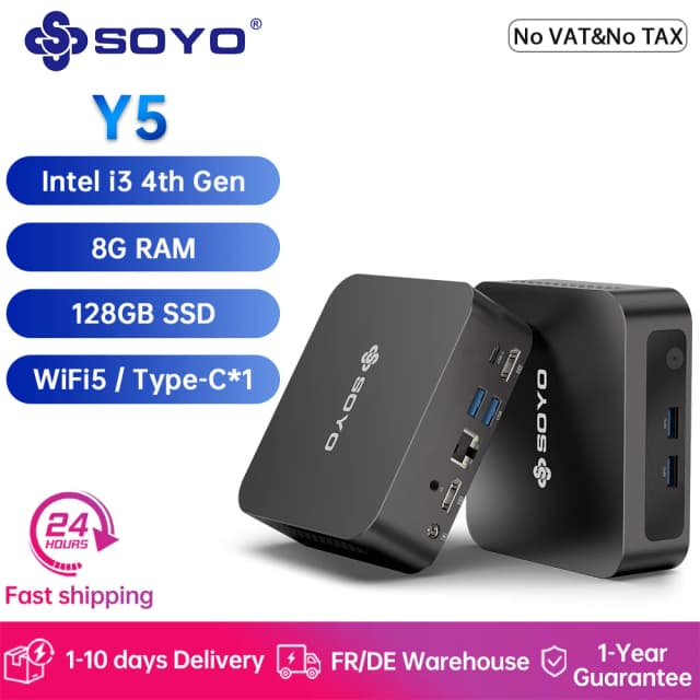SOYO Y5 Mini PC Intel Core i3 4ème génération 8 Go de RAM 128 Go SSD Mini ordinateur Windows 10 Pro 4K double écran ordinateur de bureau WiFi 5 Type-C