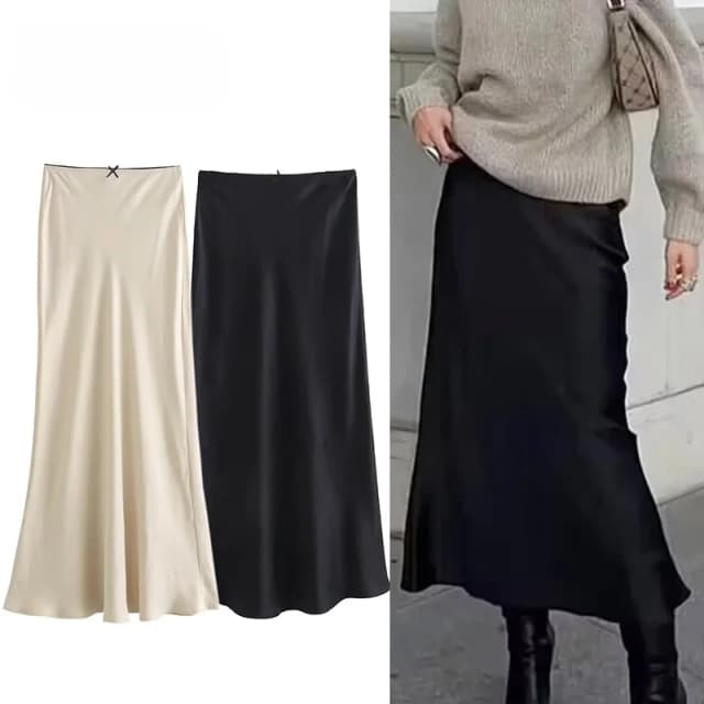 ASDS-Jupe longue en satin noir avec nœud pour femme, taille haute, midi, élégante, à la mode, nouvelle collection été 2024