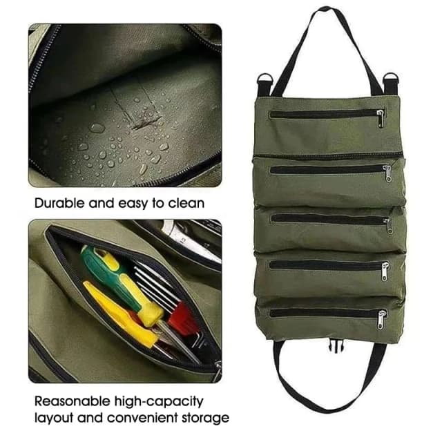 Sac à outils enroulable robuste - Organisateur multi-outils en tissu Oxford, rangement tout-en-un pour garage, pour mécaniciens/électriciens/carpentiers