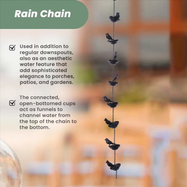 ABFA Mobile Birds sur tasses Chaîne de pluie pour l'extérieur, chaînes de pluie pour gouttières Downspouts Chaîne de pluie pour la maison, 9x7x80 cm