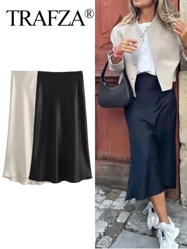 TRAFZA femmes élégant solide Satin jupe longue Chic Y2K taille haute jupes minces femme mode soie Texture dames serré jupe Midi