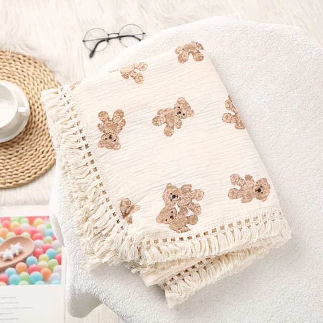 Couverture carrée en mousseline d'ours mignon pour bébé, couverture d'emmaillotage à carreaux pour nouveau-né, accessoires pour bébés, couette d'été pour lit