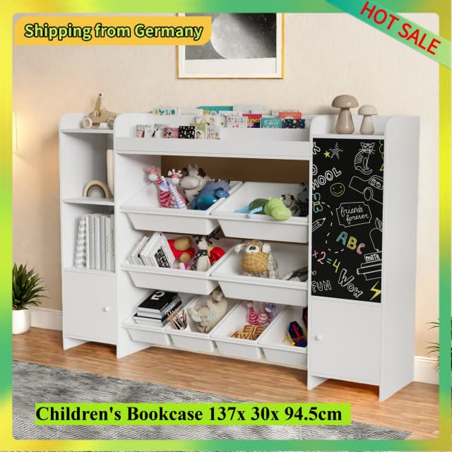 Comanlai Bibliothèque pour enfants en bois avec 8 boîtes et 5 compartiments, étagère pour enfants avec tableau noir et 3 portes, armoire à jouets