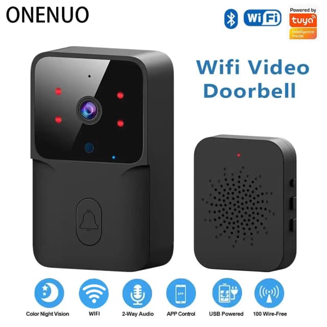 ONENUO WiFi Sonnette Maison Tuya WiFi Sans Fil Sonnette DC AC Batterie Alimenté Caméra Bell avec Alexa Google Sonnette Caméra