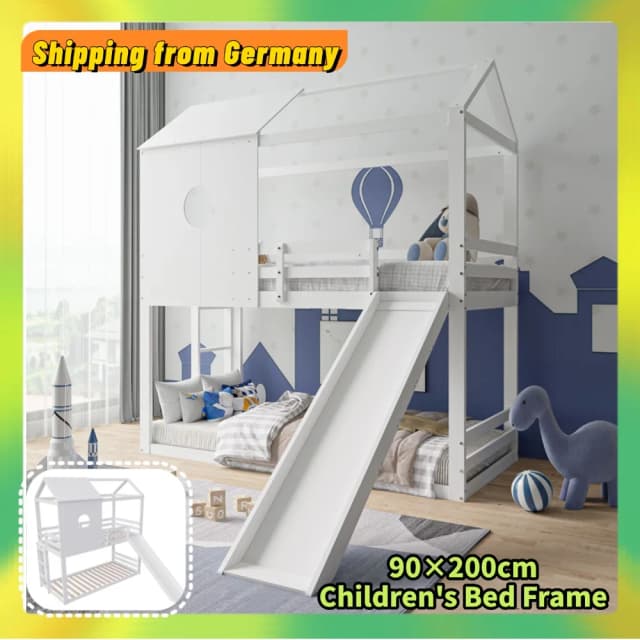 Comanlai Lit enfant en bois 90x200 cm, lit maison avec toboggan et escaliers, lit superposé avec protection contre les chutes, lit simple en bois massif