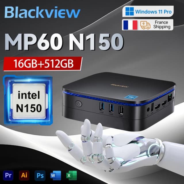 Blackview Mini PC MP60 Intel N150 16 Go + 512 Go SSD 4K 60Hz HD Double HDMI jusqu'à 3.6 GHz 4 Cœurs 4 Threads  Windows 11 Pro