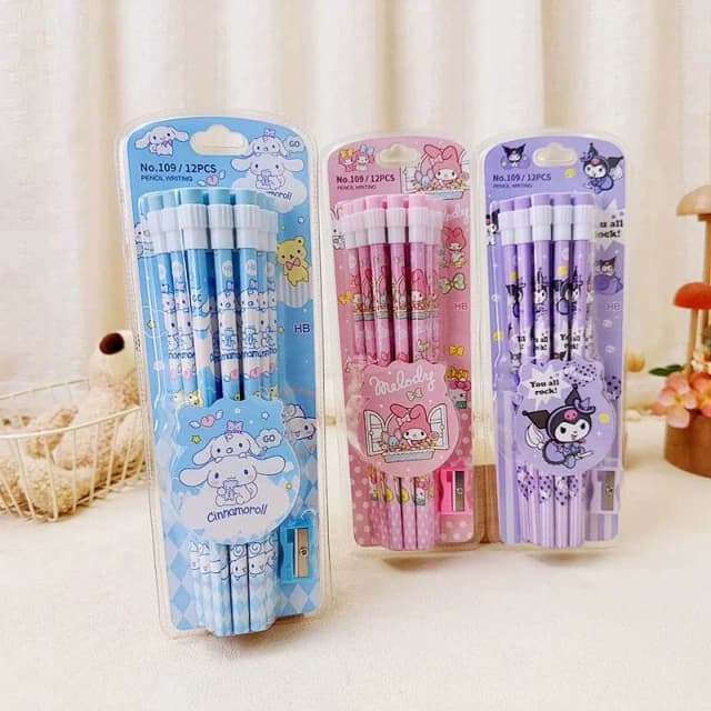 Crayons Kuromi HB mignons, 12 crayons et 1 rouleau à crayons, coffret de papeterie, écriture pour étudiants, dessin, crayons HB, stylos à croquis