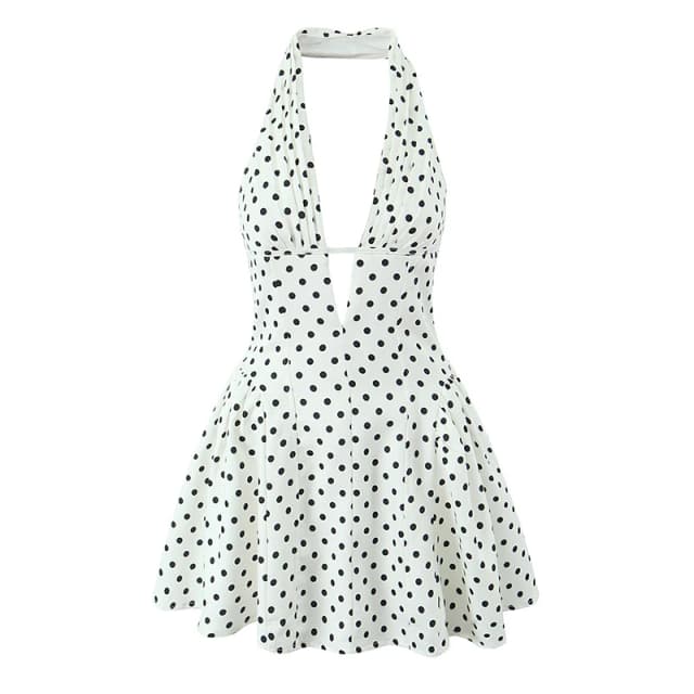YENKYE-Robe trapèze dos nu à pois pour femmes, Mini robes, Robe d'été, Col licou en V profond, Mince, Doux, Élégant, Style français, Rétro, Sexy