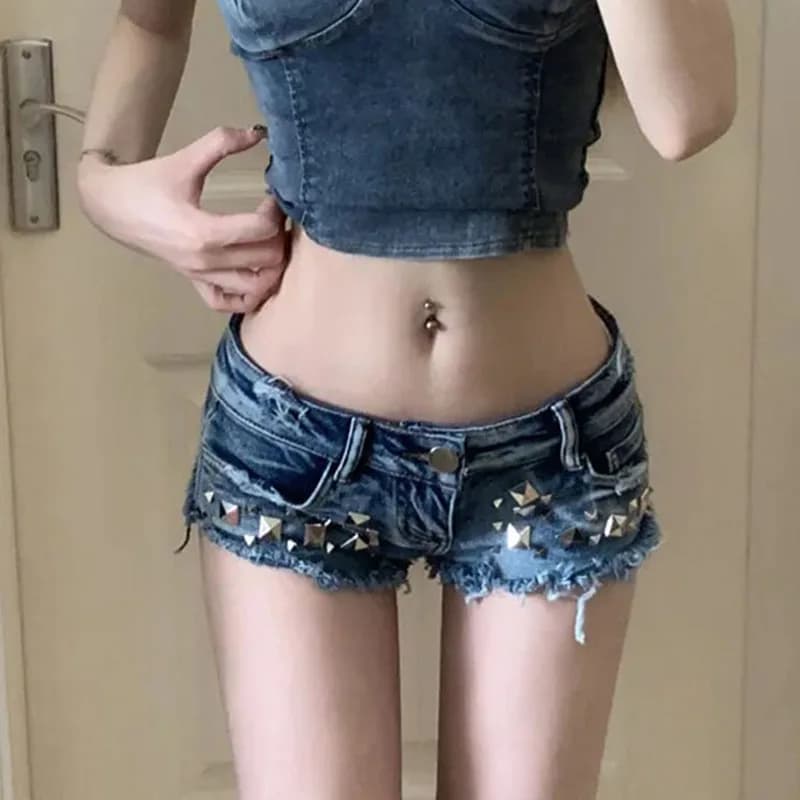 Mini Short en Denim pour femmes, Sexy, rétro américain Y2K, rivets décoratifs, slim, court, coréen, taille basse, Streetwear