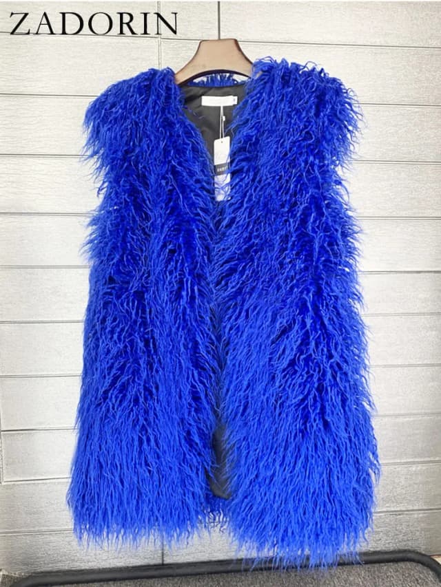 ZADORIN mode hiver 75 cm de Long moelleux fausse fourrure Gilet femmes coloré fausse mongolie mouton fourrure Gilet fausse fourrure vestes femmes manteaux