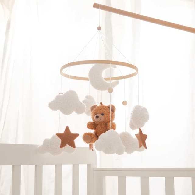 Mobile musical pour berceau de bébé, jouet hochet en bois, clochette de lit suspendue, poupée ours en velours, boîte à musique pour nouveau-né, support de mobile de berceau, cadeau