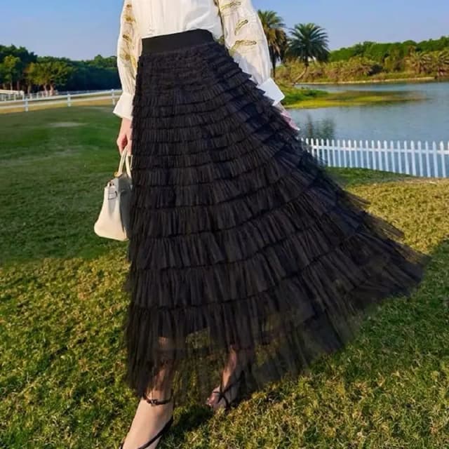 Jupe mi-longue en Tulle pour femmes, tendance, taille haute élastique, ligne A, maille féerique moelleuse, jupe superposée à volants, cadeaux pour filles