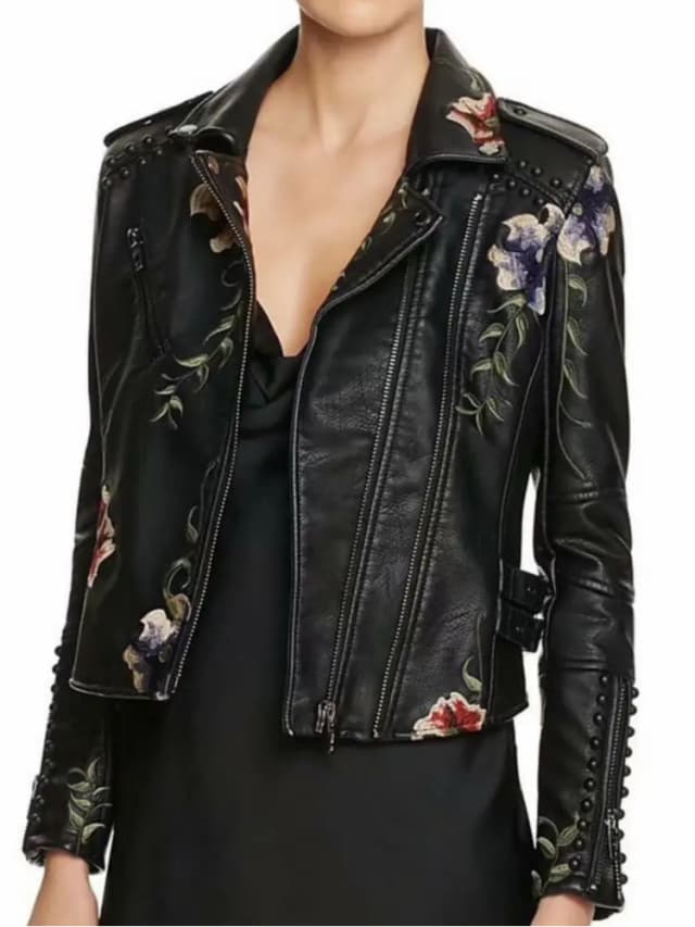 Veste en similicuir pour femme, broderie à imprimé floral, rivet de moto, noir, punk, motard, automne, hiver, 2025