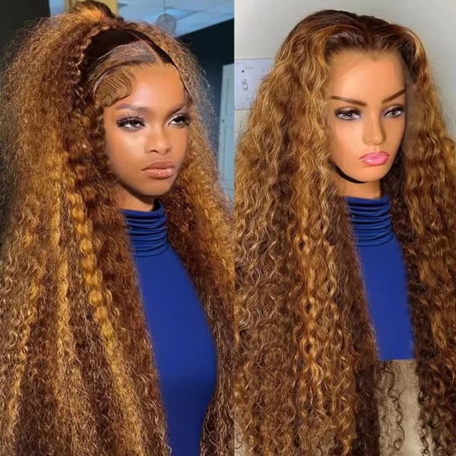 13x4 Bouclée Highlight Wig Human Hair, Honey Blonde Colored Perruque Cheveux Humain Perruque Brésilienne Bouclée à Reflets, 13x6 HD Transparent Perruque Cheveux Humain, 30 36 Pouces Deep Wave Frontal Wig, pour Femme