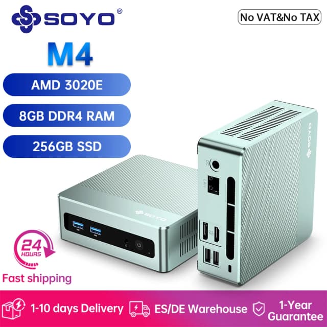 SOYO nouveau Mini PC M4 avec processeur AMD 3020E 8GB DDR4 RAM 256GB SSD Mini ordinateur 4K60Hz double affichage USB 3.2 WiFi W11Pro hôte de bureau