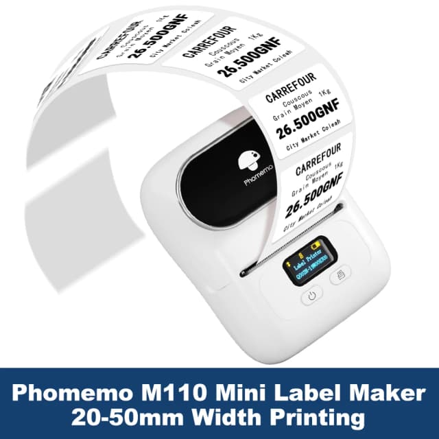 Imprimante d'étiquettes Phomemo M110 étiqueteuse imprimante d'étiquettes de codes à barres pour adresse, code à barres, vêtements, photo, logo, bijoux, vente au détail, entreprise
