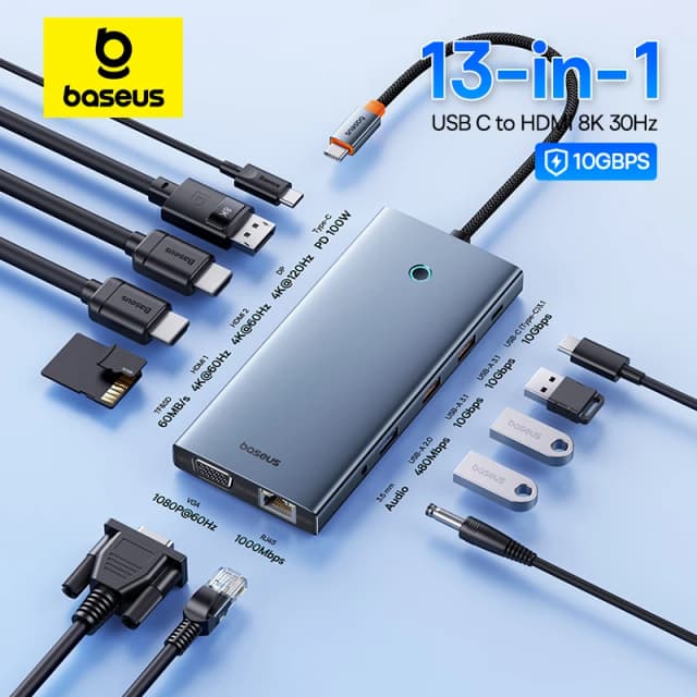 Baseus USB C Hub Type C vers HDMI USB HUB adaptateur 13-en-1 DP 4K 60Hz 120Hz RJ45 VGA convertisseur PD 100W USB A 3.1 2.0 pour Macbook PC