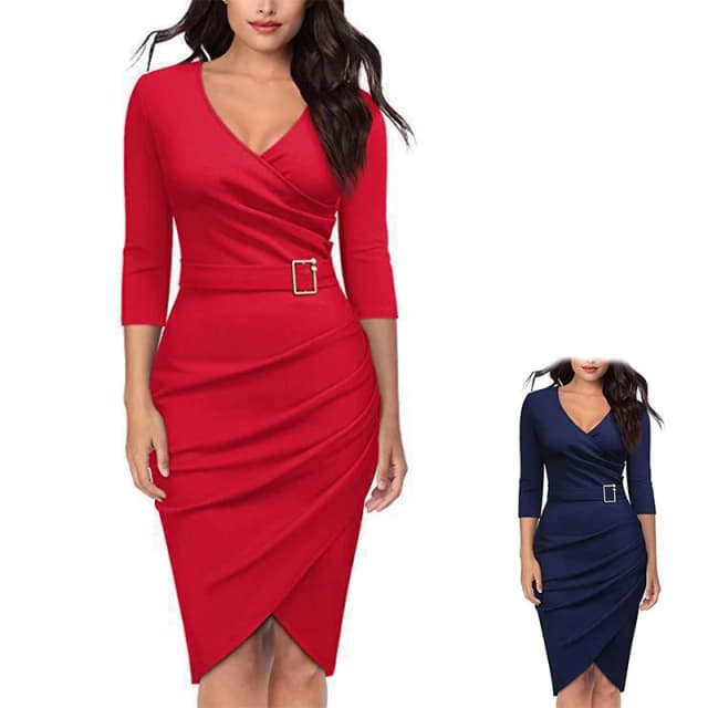 Robe longue élégante pour femme, longueur genou, col en V, manches longues, ceinture, coupe couvertes, soirée officielle, banquet, robe ronde sur la hanche, mode, nouveau
