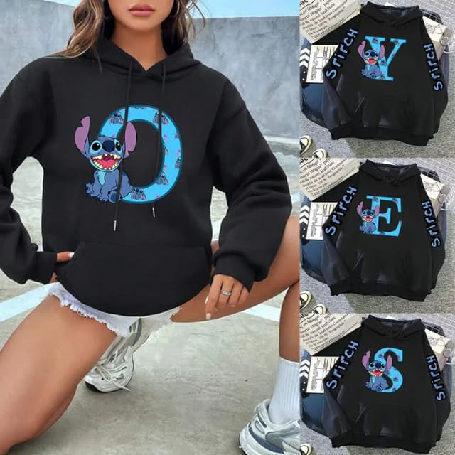 Veste d'hiver pour femmes, mignon Kawaii Disney Lilo & Stitch, lettre porte-bonheur imprimée, sweat à capuche noir, mode Couple, Streetwear, vêtements de sport, 2024