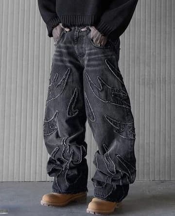 Jean Baggy Noir Rétro pour Homme, Style Hip Hop, avec Broderie, Harajuku, Gothique, Jambes Larges, FjStreetwear, Y2k