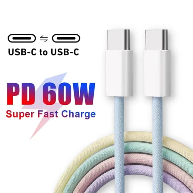 Câble PD USB-C vers Type C 60W pour IPhone 15 16 Pro, fil de charge rapide pour Huawei Xiaomi Samsung, ligne de câble de données de tissage coloré