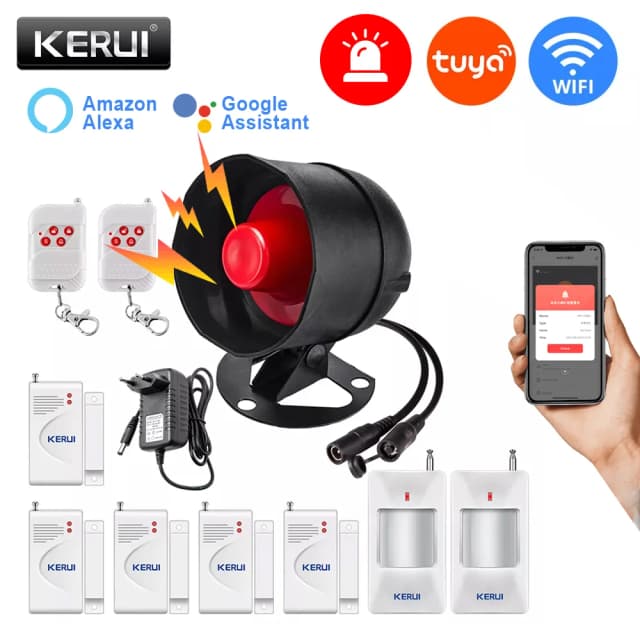 KERUI Tuya – système d'alarme de sécurité intelligent sans fil, wi-fi, sirène 433Mhz, capteur de porte de mouvement anti-cambriolage, Compatible avec Google Home Alexa