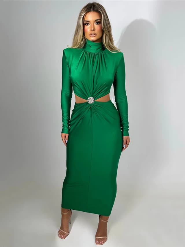 Mozision élégant évider Sexy robe Maxi pour les femmes automne hiver nouveau col roulé à manches longues moulante Club fête robe de soirée