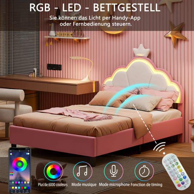 Rosahqnda Lit enfant Lit simple 90/140x200 cm Lit fille avec éclairage LED, Heabboard couronne Coquille Lit simple Resto sans matelas